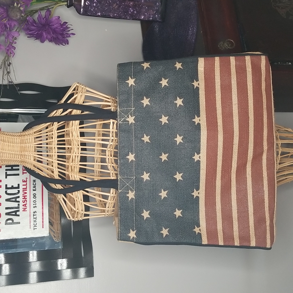 Mona B Eco friendly Americana Stars and Stripes Burlap Tote Bag